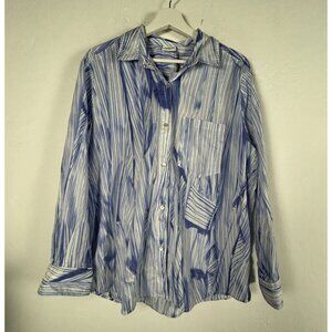 Desigual Women Blue White Abstract Striped Button-Up Long-Sleeve Shirt Large New